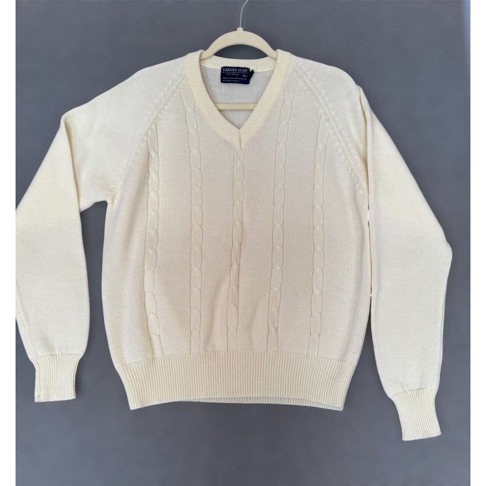Vintage Mens XL Ivory Cable Knit Sweater Career Club Grandpa VNeck Tennis Preppy